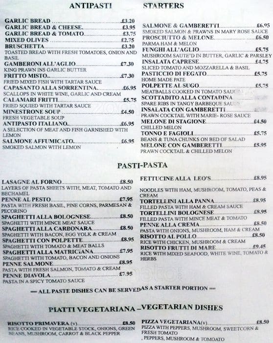 Menu at Leo's Ristorante restaurant, Manchester, 198 Monton Rd