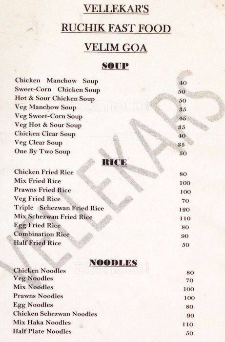 Vellekar's Ruchik Fast Food menu
