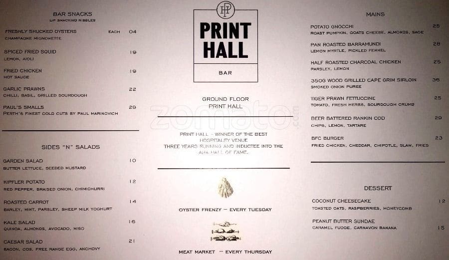 Print Hall Menu, Menu for Print Hall, Perth CBD, Perth Urbanspoon/Zomato