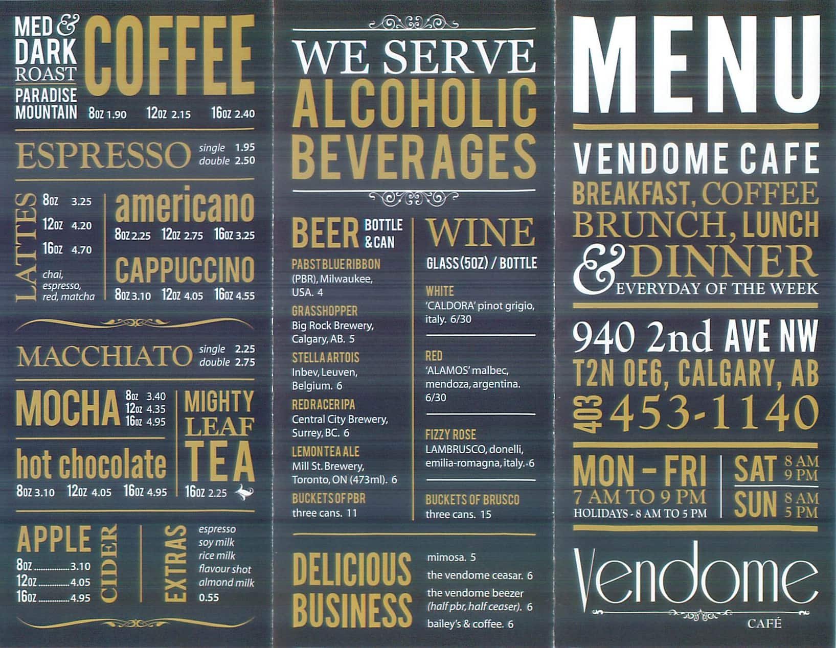 Vendome Cafe Menu, Menu for Vendome Cafe, Kensington, Calgary