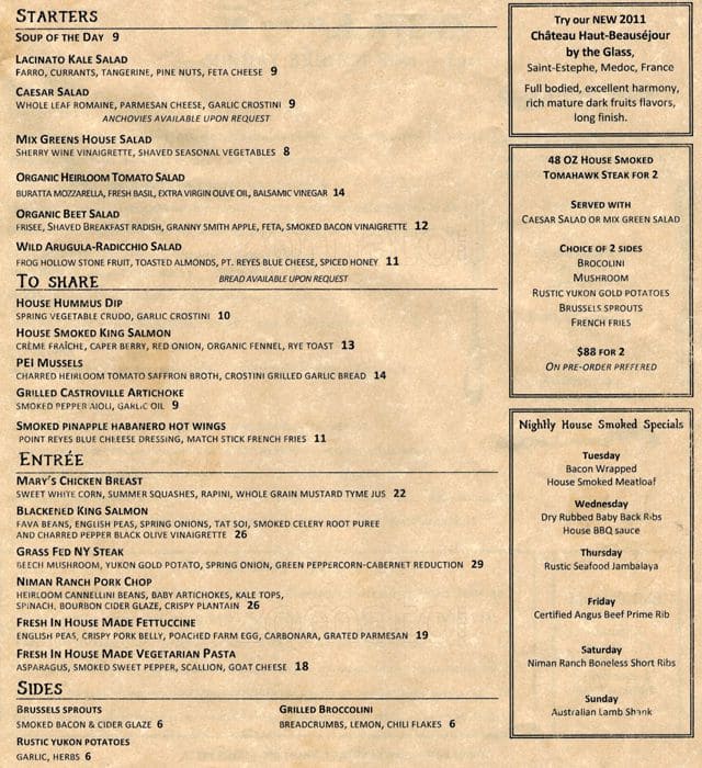 Menu at Rustic Tavern restaurant, Lafayette