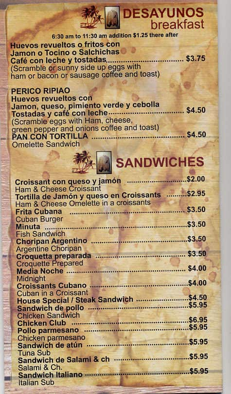 Menu At Three Palms Cuban Cafe, Miami