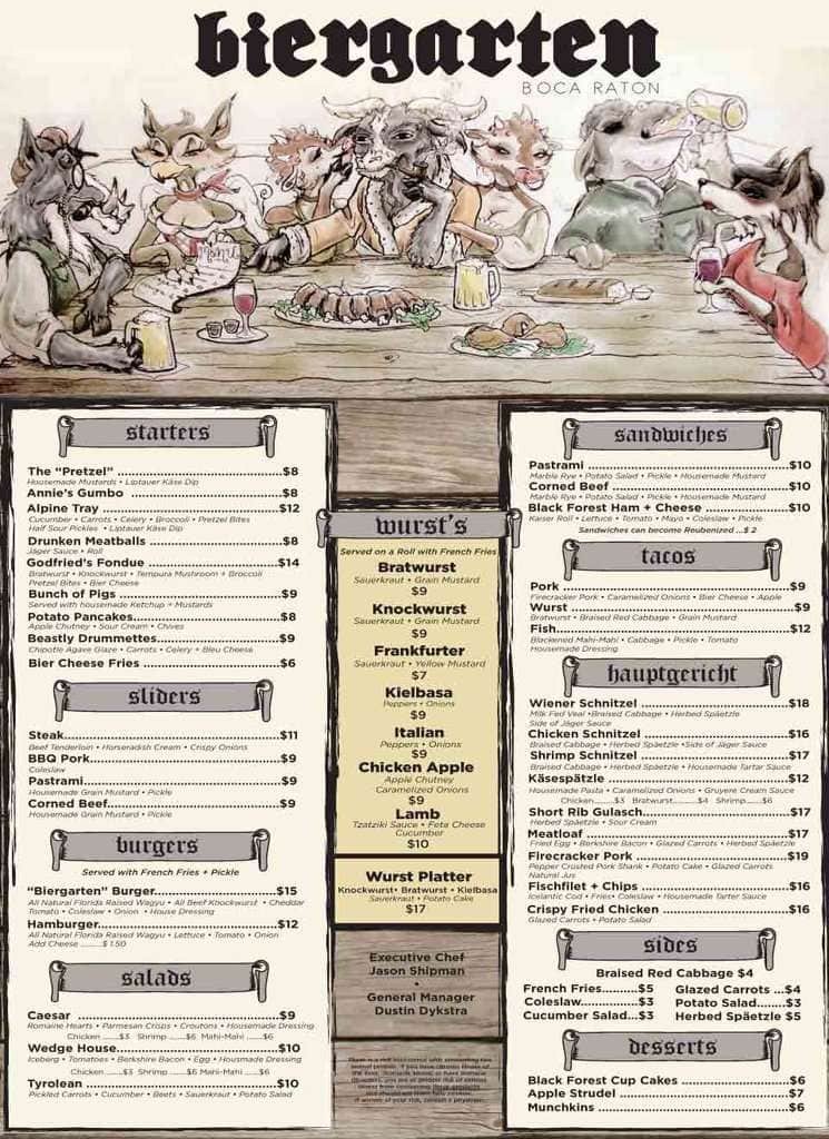 Menu at Biergarten pub & bar, Boca Raton, 309 Via De Palmas 90