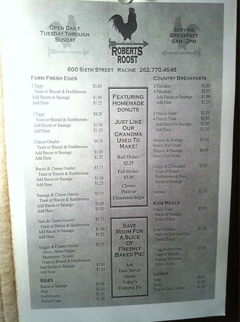 Roberts Roost Menu, Menu for Roberts Roost, Racine, Milwaukee