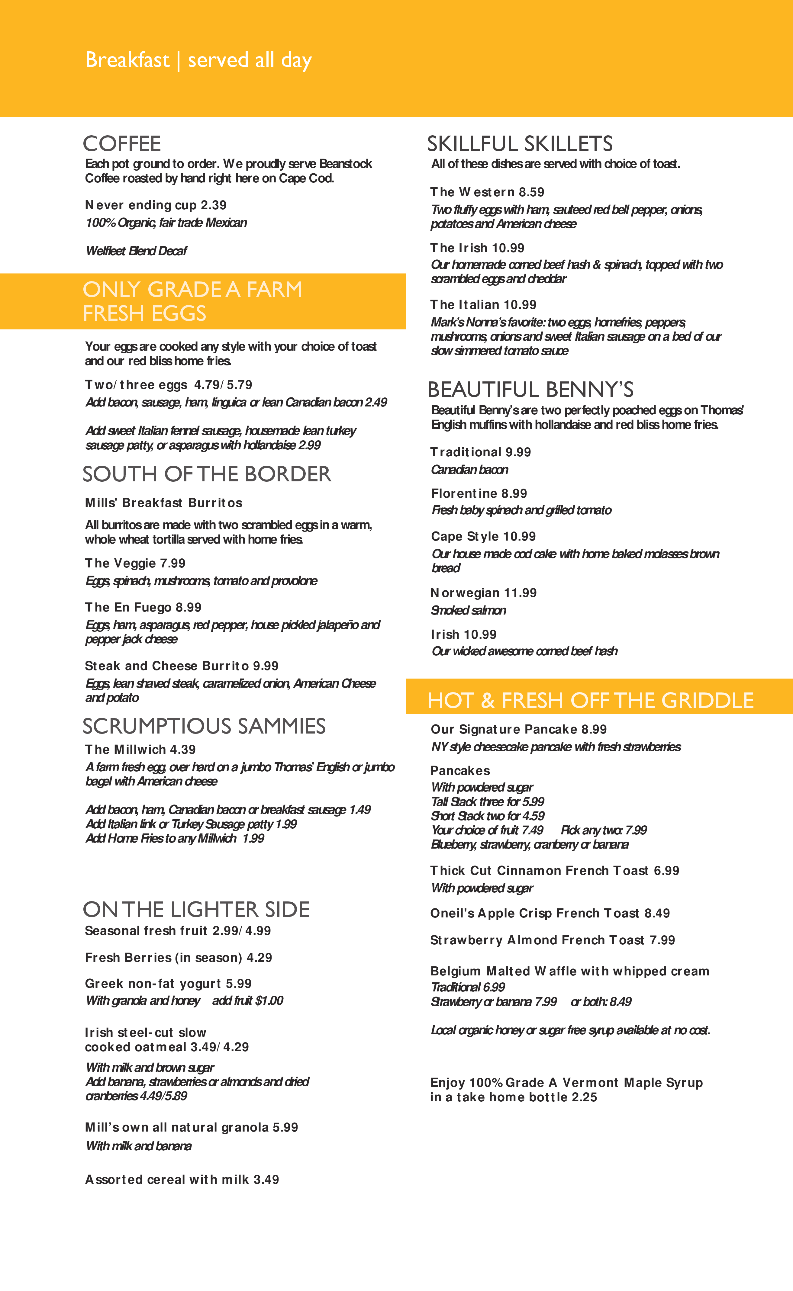 Mills Restaurant menu