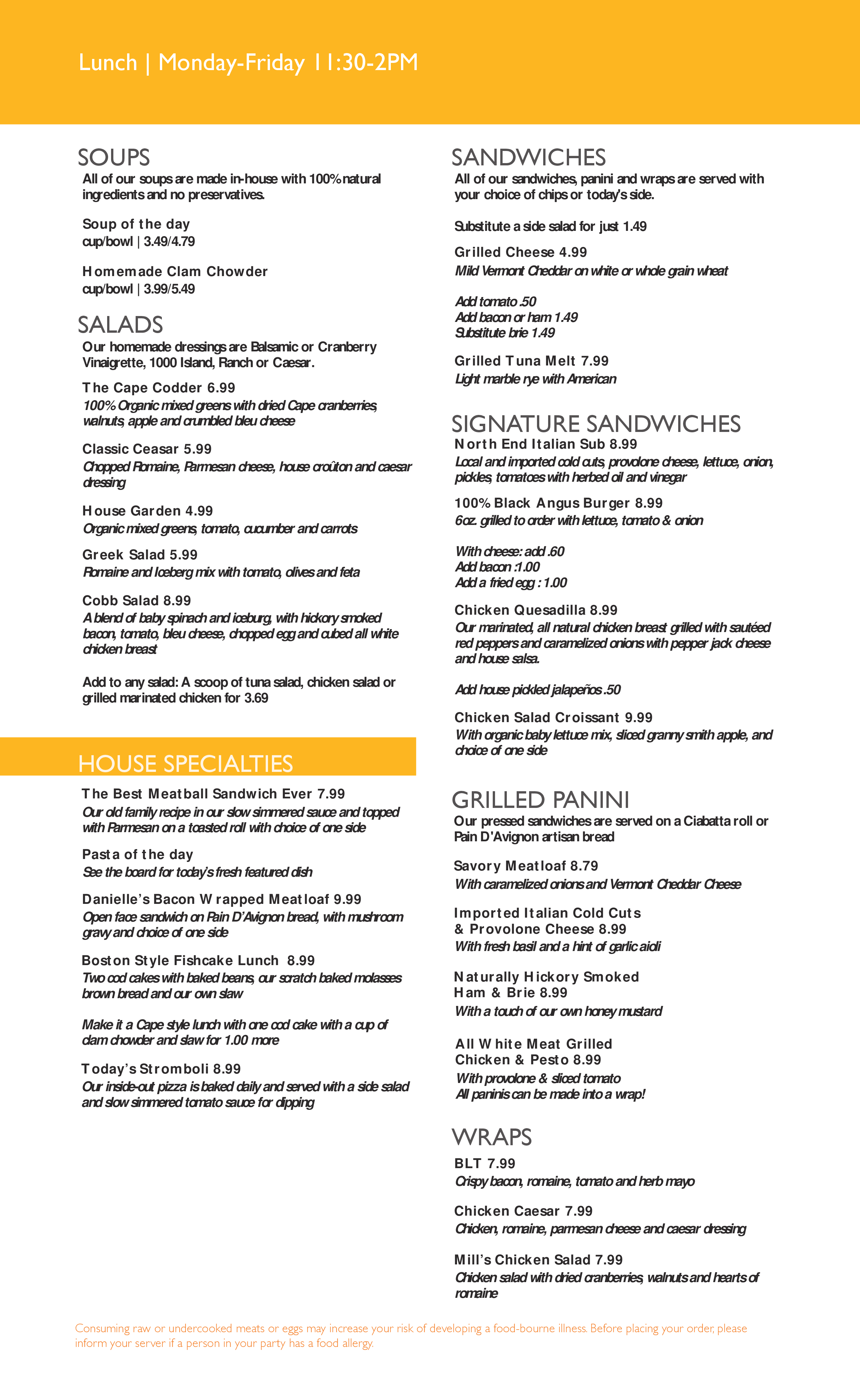 Mills Restaurant menu