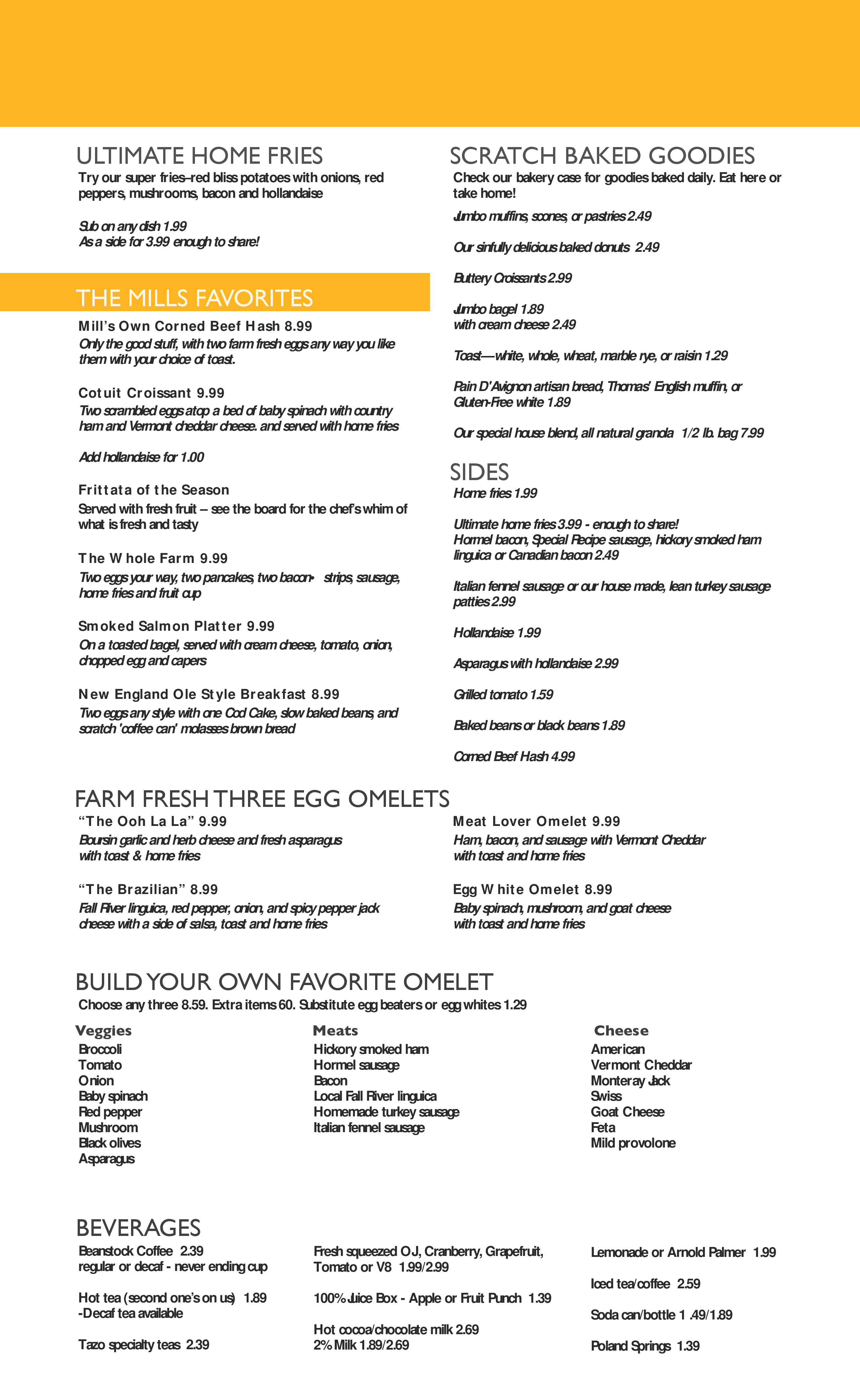Mills Restaurant menu
