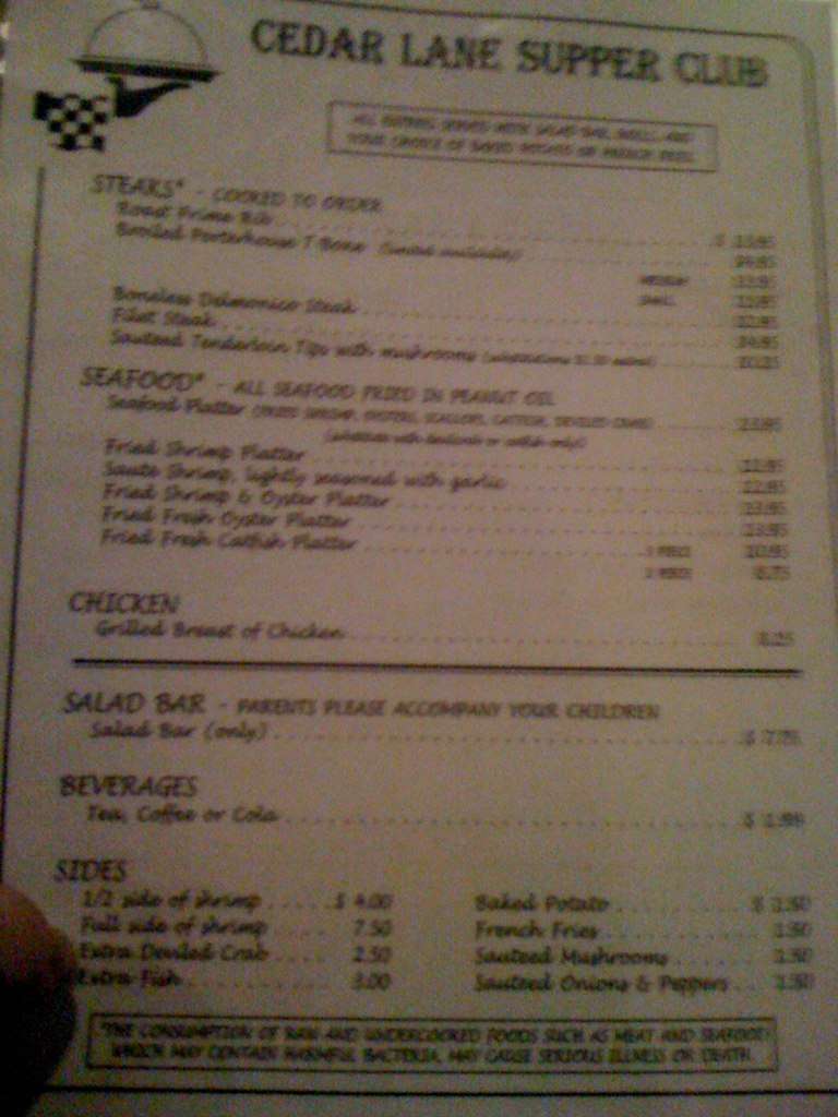 Menu at Cedar Lane Supper Club, McRae