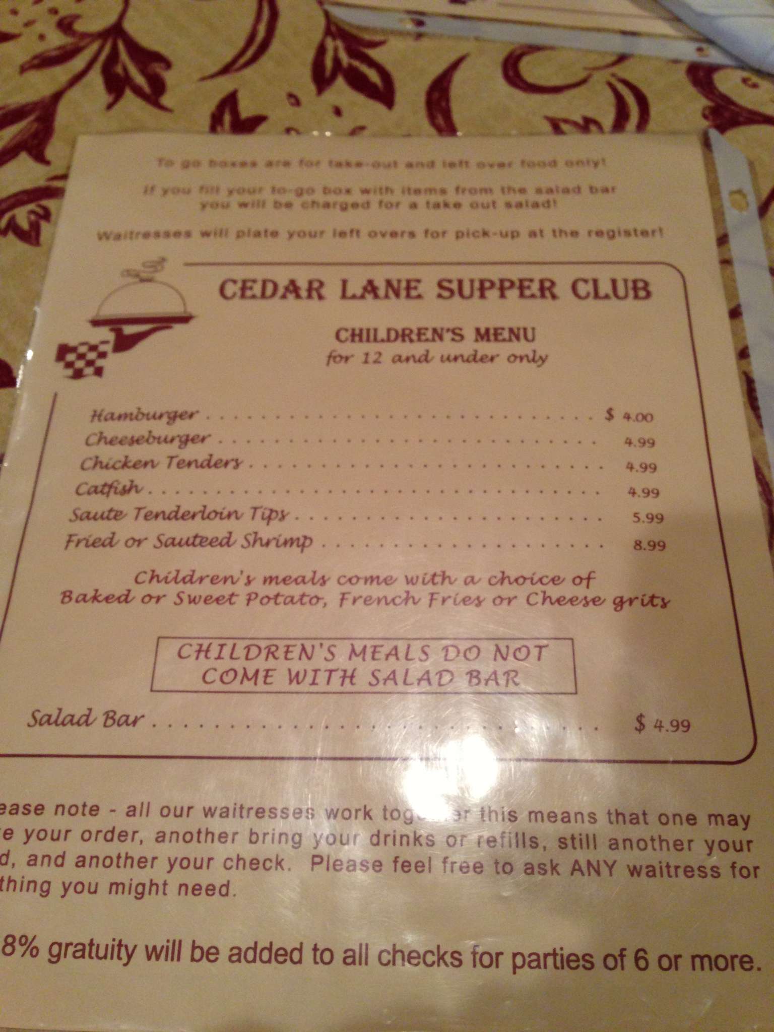 Menu at Cedar Lane Supper Club, McRae