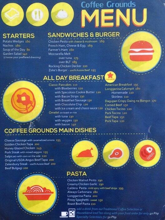 Coffee Grounds Menu, Menu for Coffee Grounds, San Isidro, Taytay