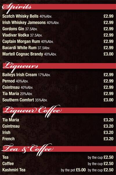 Menu at K2 Kashmiri restaurant, Birmingham