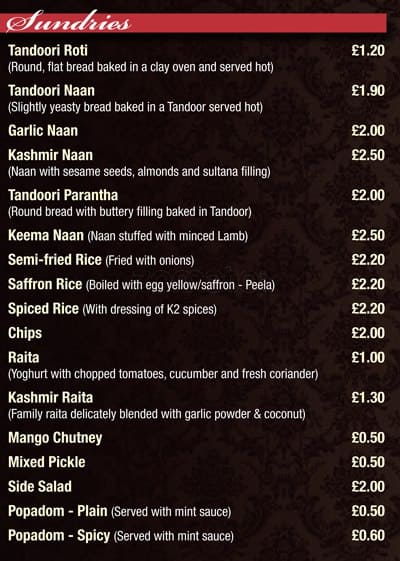 Menu at K2 Kashmiri restaurant, Birmingham