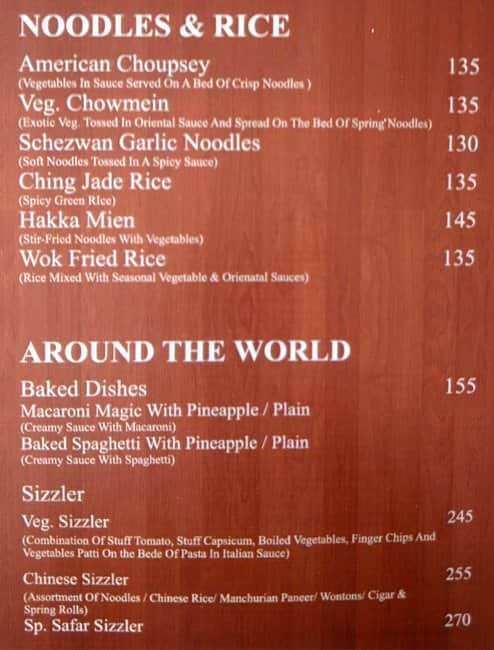 Hotel Safar & Restaurant menu