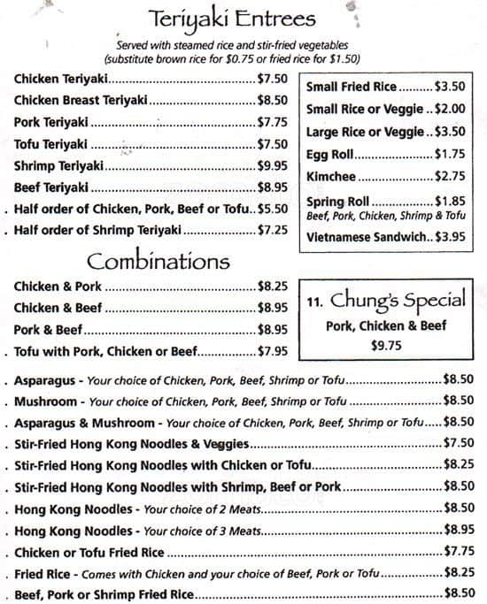 Menu at Chung's Teriyaki restaurant, Poulsbo