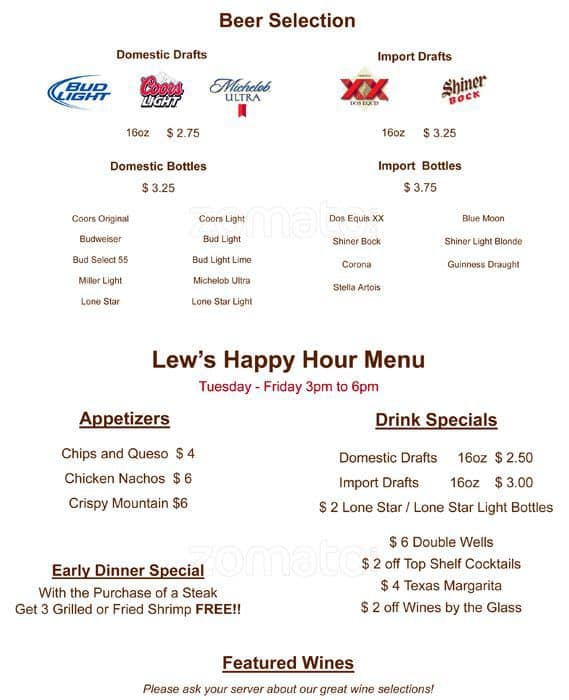 Menu at Lew's Patio & Grill Floresville pub & bar, Floresville