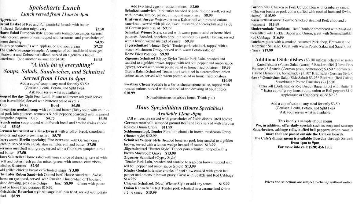The German Cafe Menu, Menu for The German Cafe, Sierra Vista, Sierra