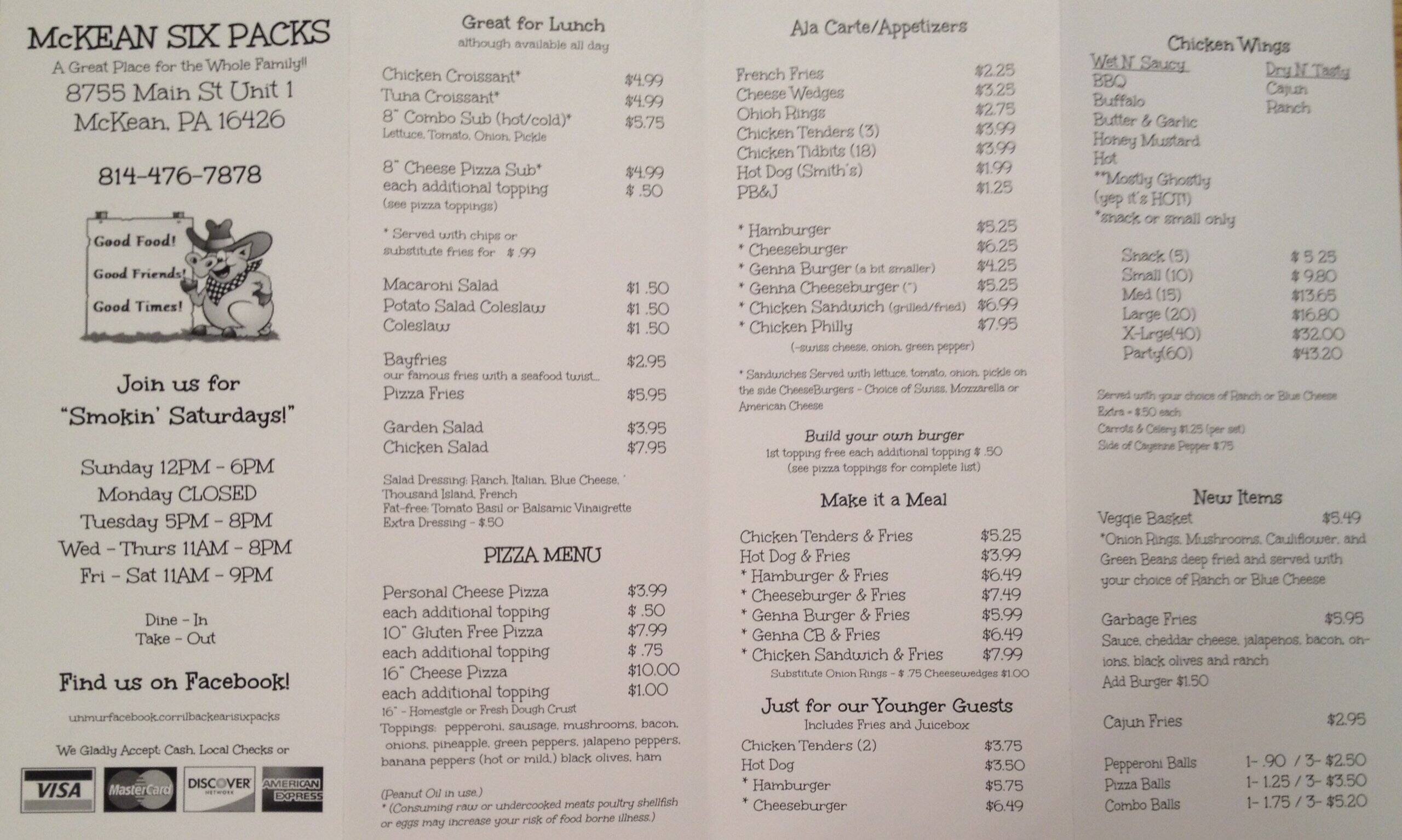 McKean Six Packs Family Grille and Smokehouse Menu Urbanspoon/Zomato