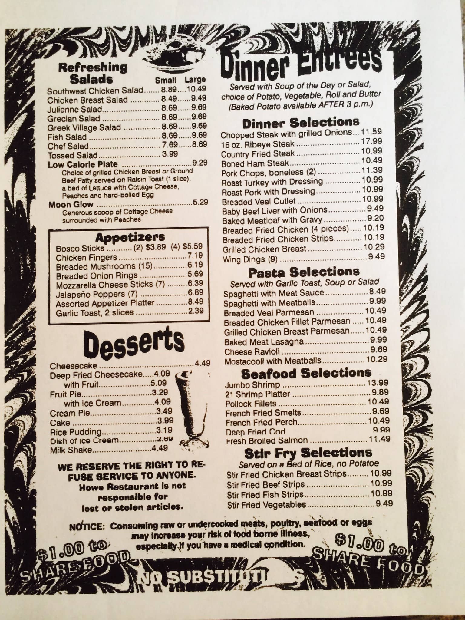 Menu at Howe restaurant, Howe, IN9