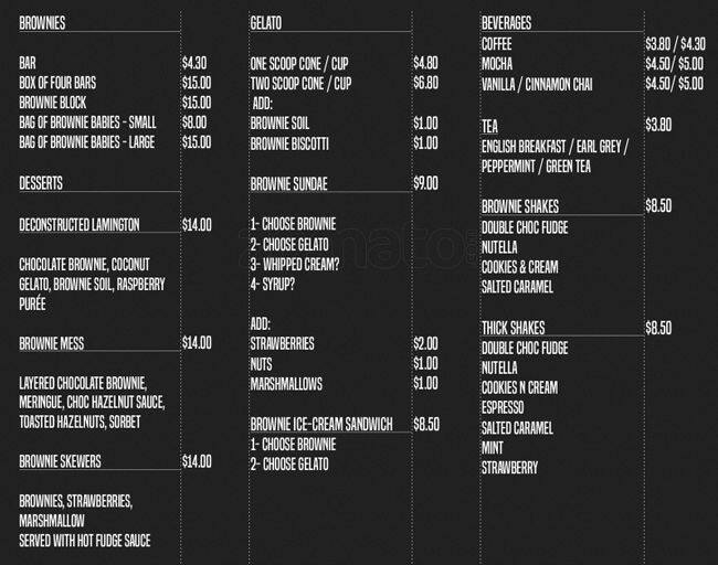 The Brownie Bar Menu, Menu for The Brownie Bar, Little Collins Street