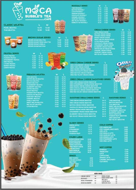 Menu of Moca Bubble's Tea Cafe, Tourist Club Area (Al Zahiyah), Abu Dhabi