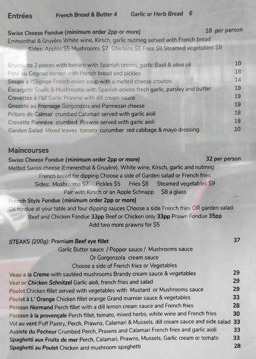 Menu at Cj's French & Fondue Restaurant, Neutral Bay