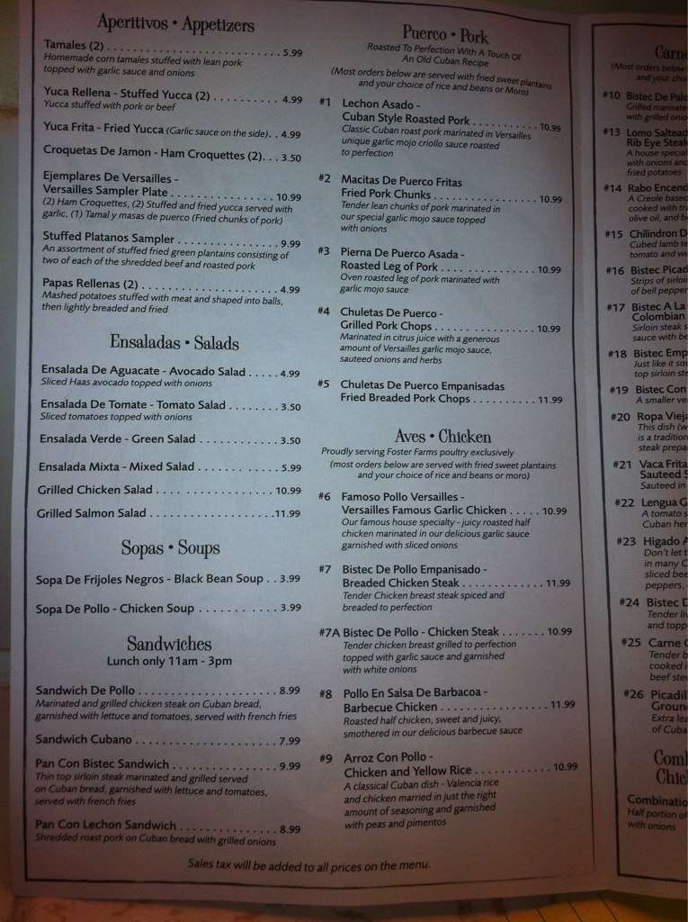 Versailles Menu, Menu for Versailles, Culver City, Los Angeles