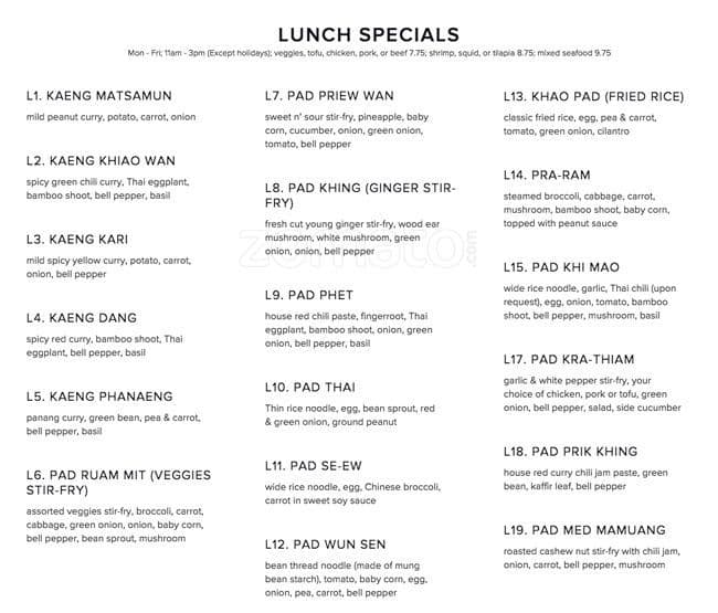 Thai Peacock Menu, Menu for Thai