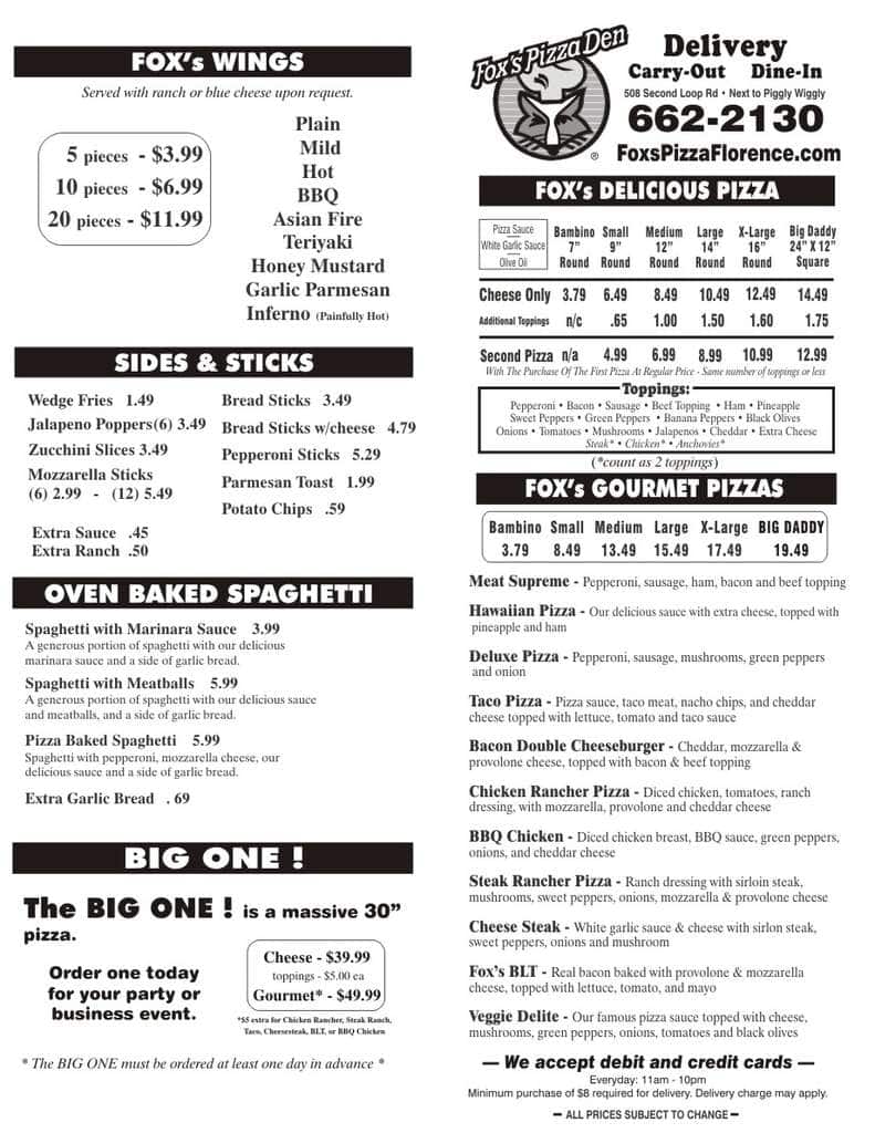 Fox's Pizza Den Menu, Menu for Fox's Pizza Den, Florence, Florence