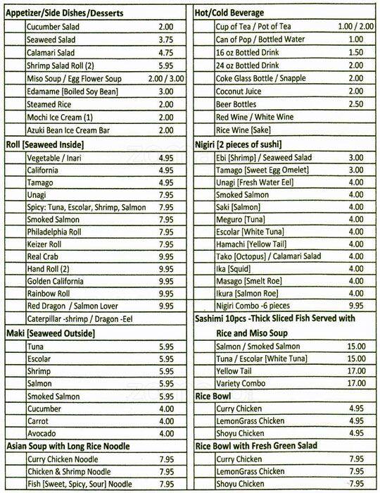 Menu at Cherry's Nagani restaurant, Keizer