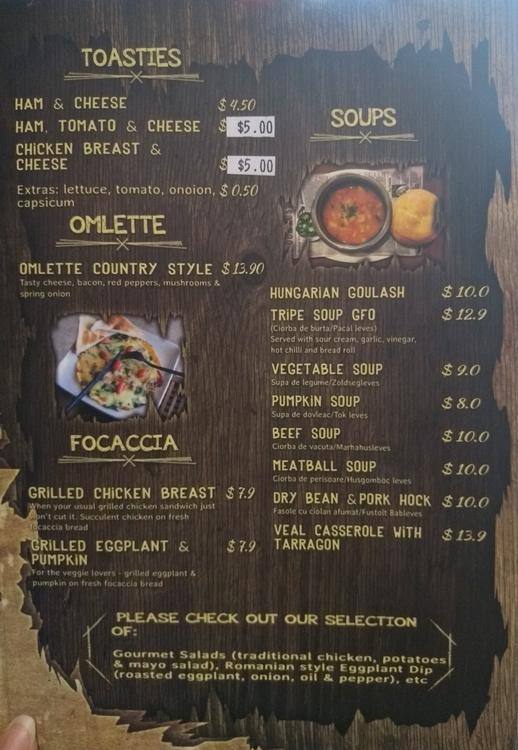 Menu at Cafe Transylvania, Hallam