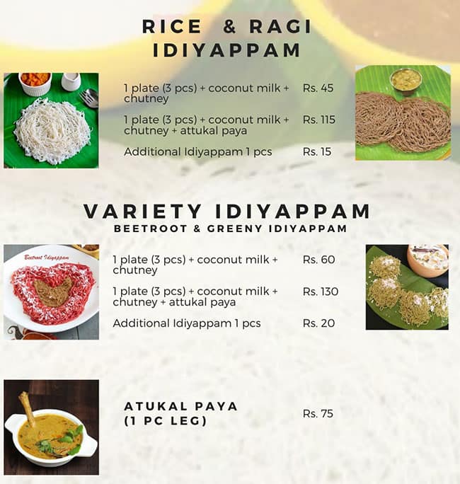 Menu of Madurai Famous Idiyappa Kadai, Viswanathapuram, Madurai
