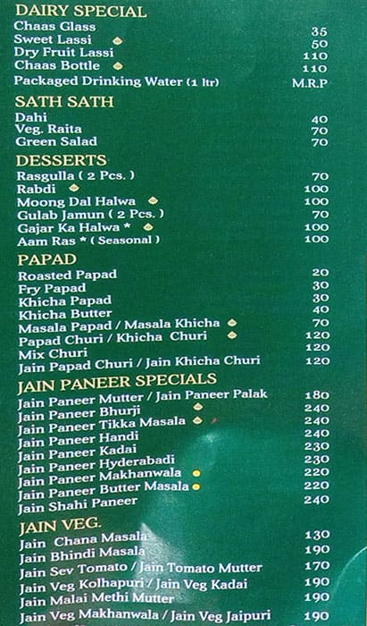 Menu Of B Bhagat Tarachand, Kalbadevi, Mumbai