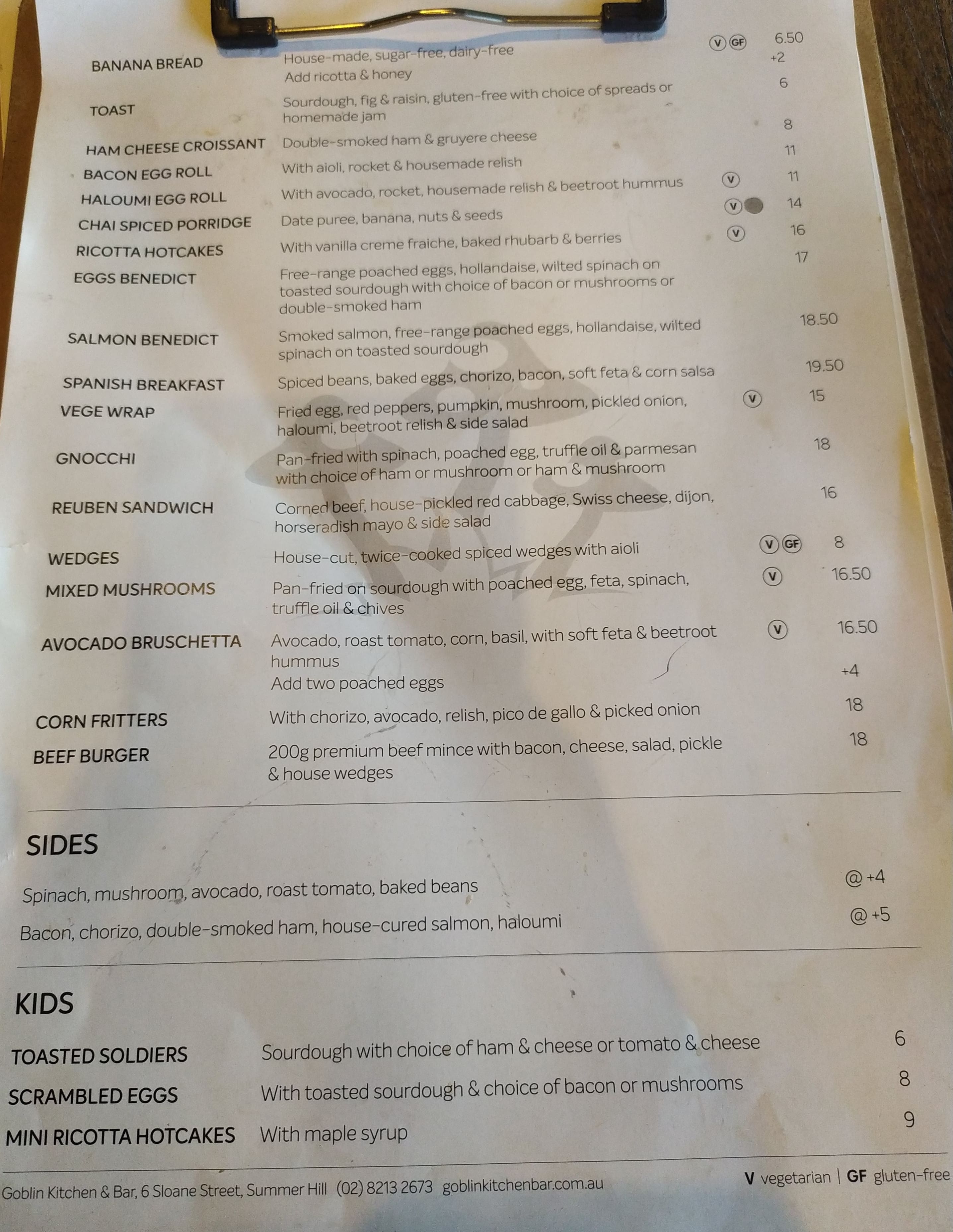 Menu at Goblin Kitchen & Bar, Summer Hill