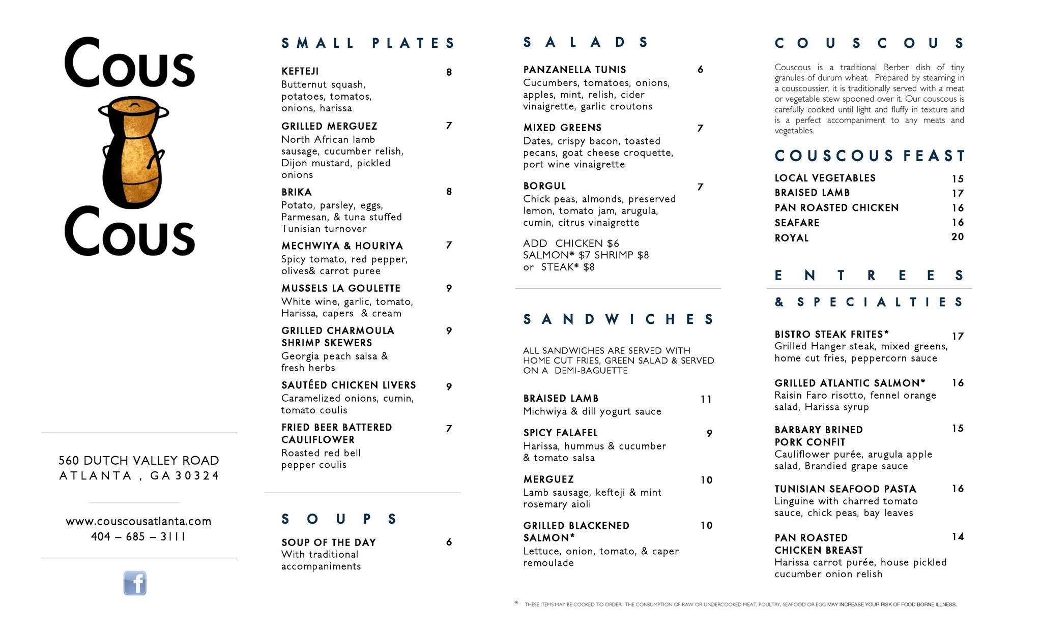 Couscous Menu, Menu for Couscous, Midtown, Atlanta Urbanspoon/Zomato