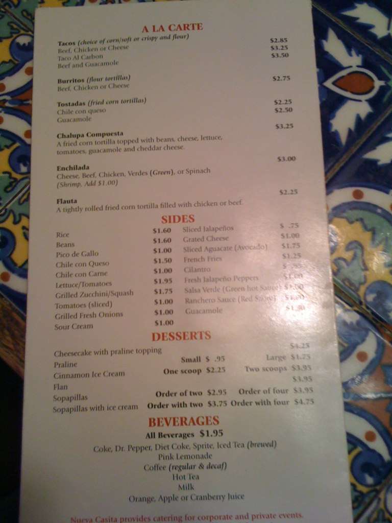 Menu at Casita Tex Mex Bar and Grill, Dallas, Blackwell St