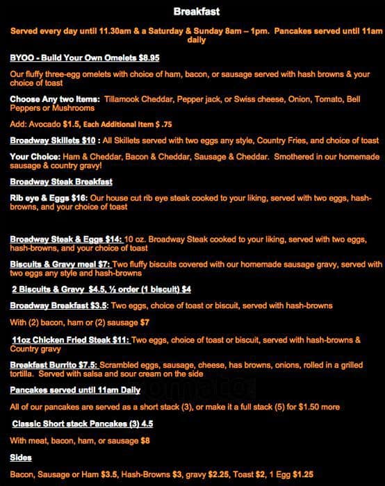 Menu at Broadway Saloon pub & bar, Beaverton, SW Broadway St