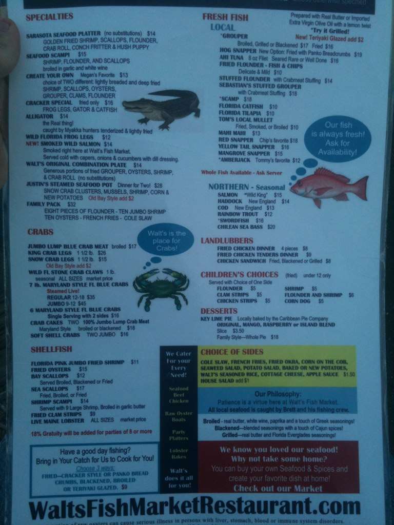 Menu at Walt's Fish Market Restaurant, Sarasota