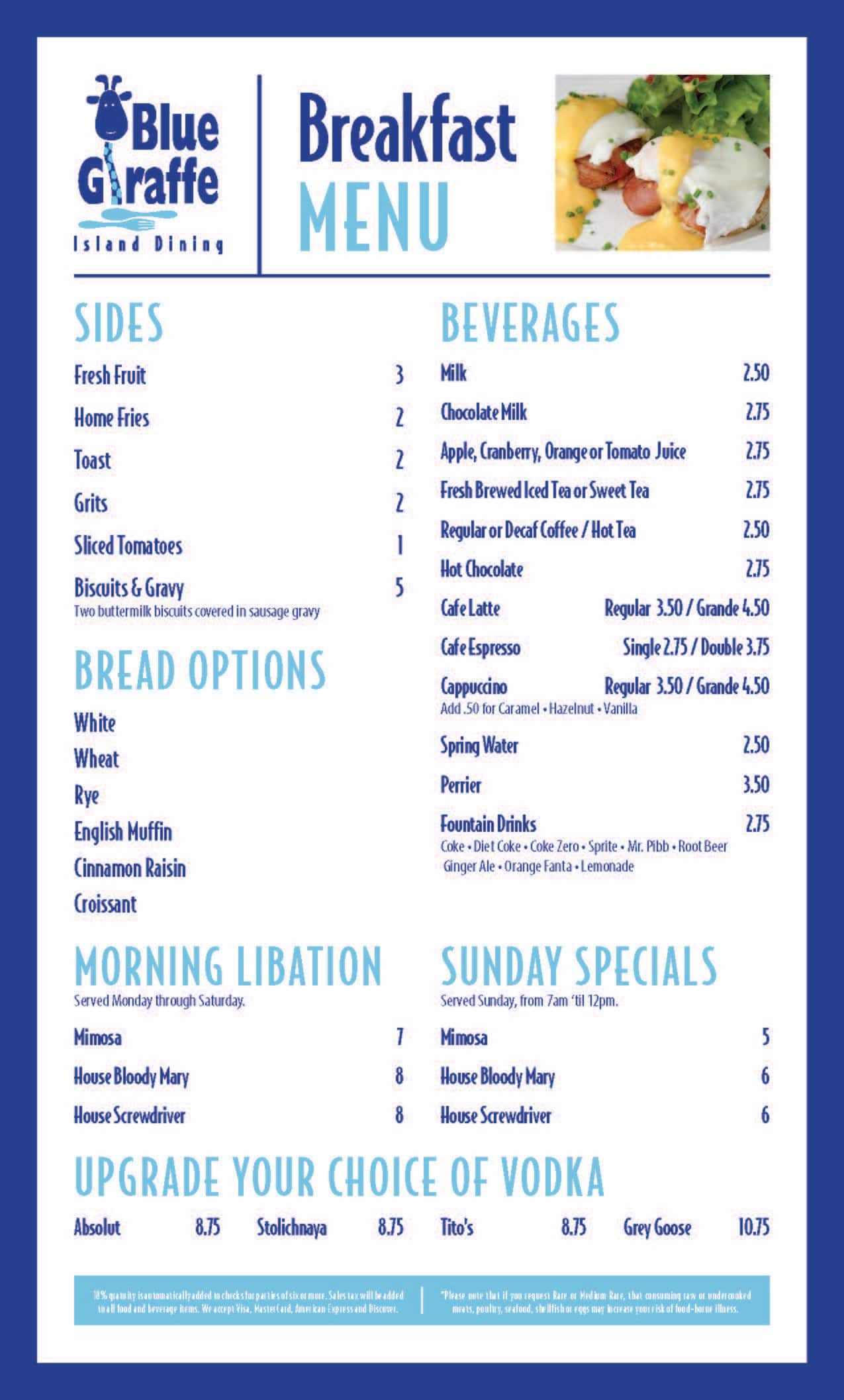 Blue Giraffe Restaurant Menu, Menu for Blue Giraffe Restaurant, Sanibel