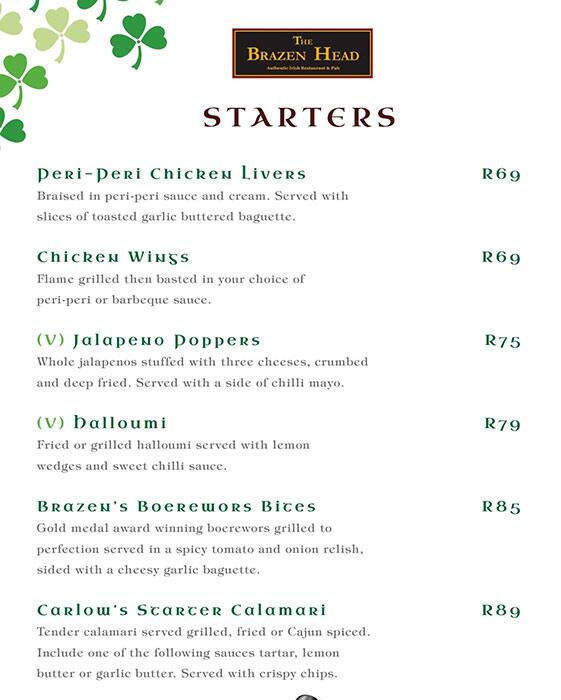 Menu at The Brazen Head restaurant, Cape Town