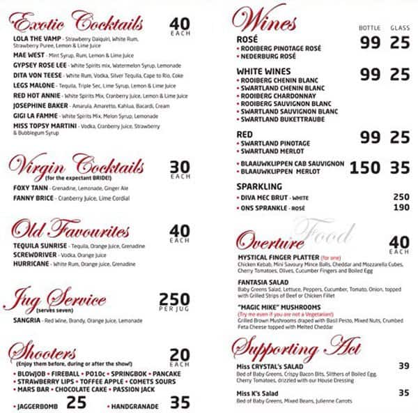 Burlesque Dinner Theatre Menu, Menu for Burlesque Dinner Theatre