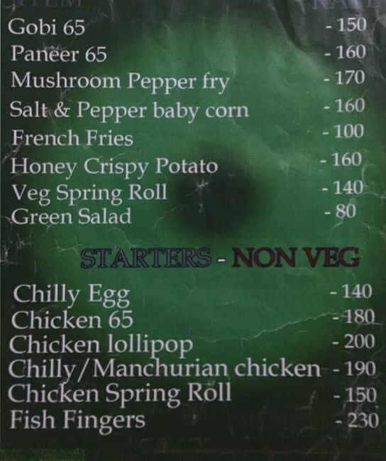 Menu at LV 1 Hookah Lounge, Chennai, 84/2
