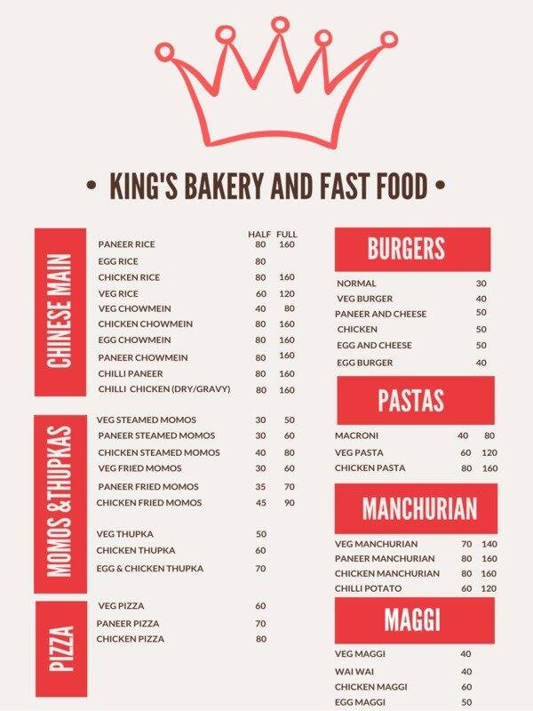 King Bakery & Fast Food menu
