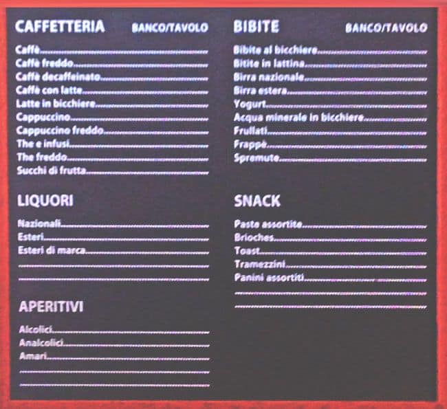 Menu di Caffè Almeva 