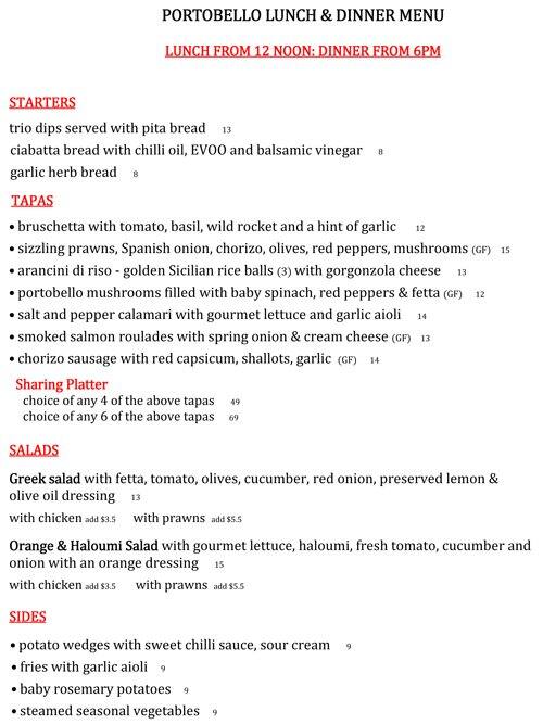 Menu at Portobello pub & bar, New Port