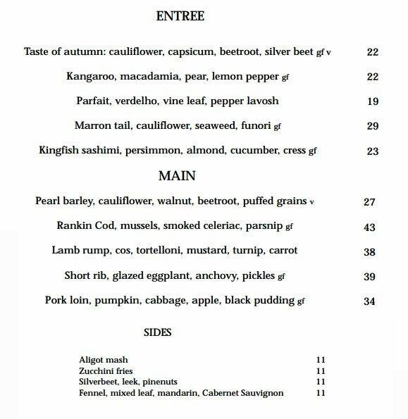 Mandoon Estate Menu, Menu for Mandoon Estate, Caversham, Perth