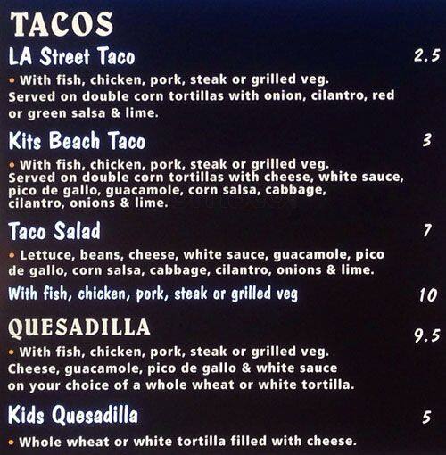 The Taco Shack Menu, Menu for The Taco Shack, Kitsilano, Vancouver