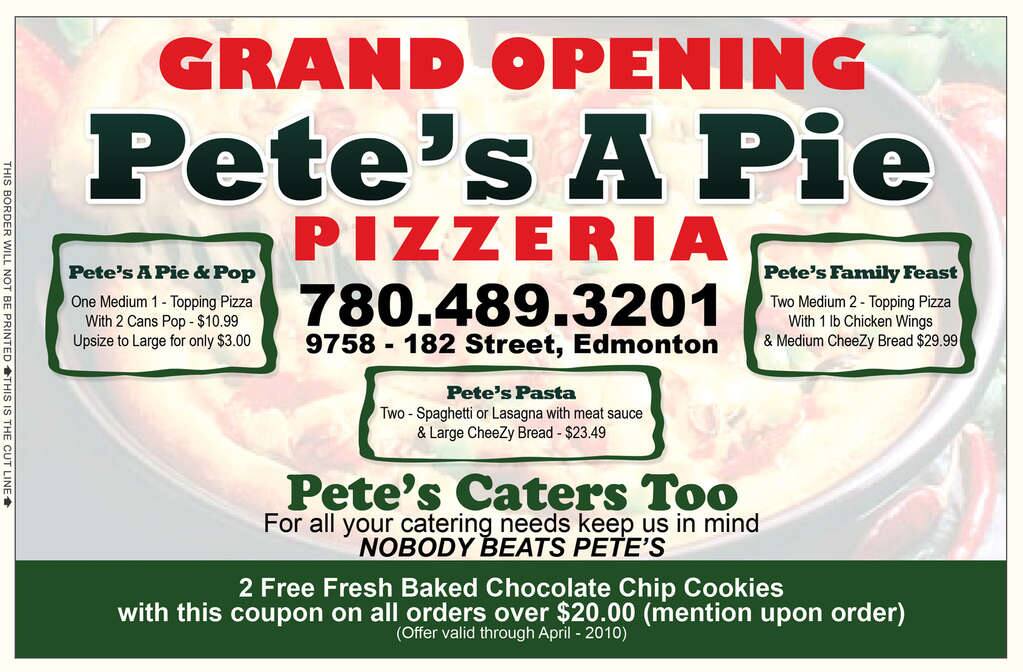 Carta de pizzería Pete's A Pie Pizzaria, Edmonton