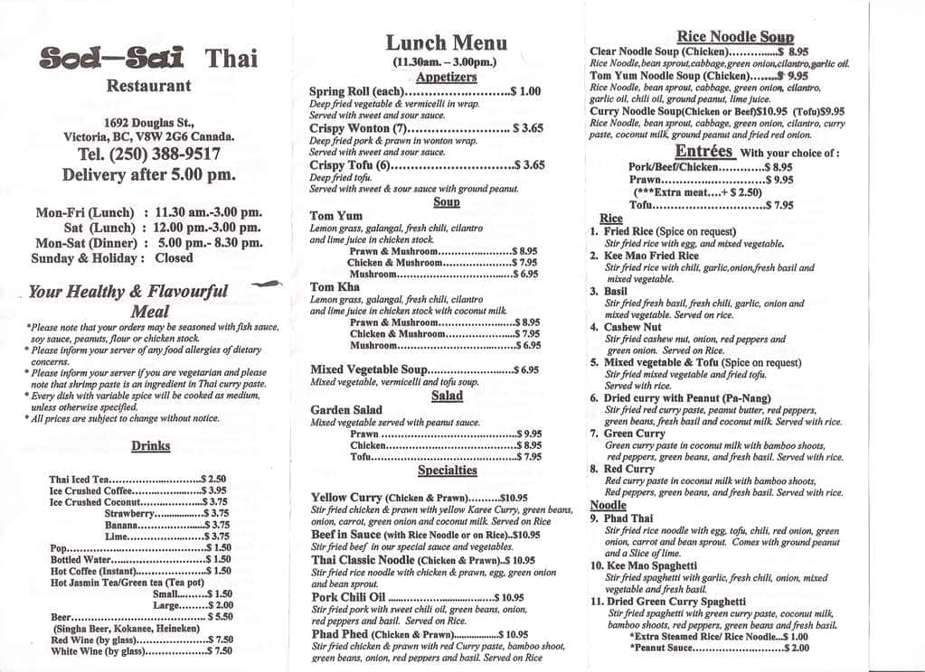 Sod-Sai Thai Menu, Menu for Sod-Sai Thai, Victoria, City of Victoria ...