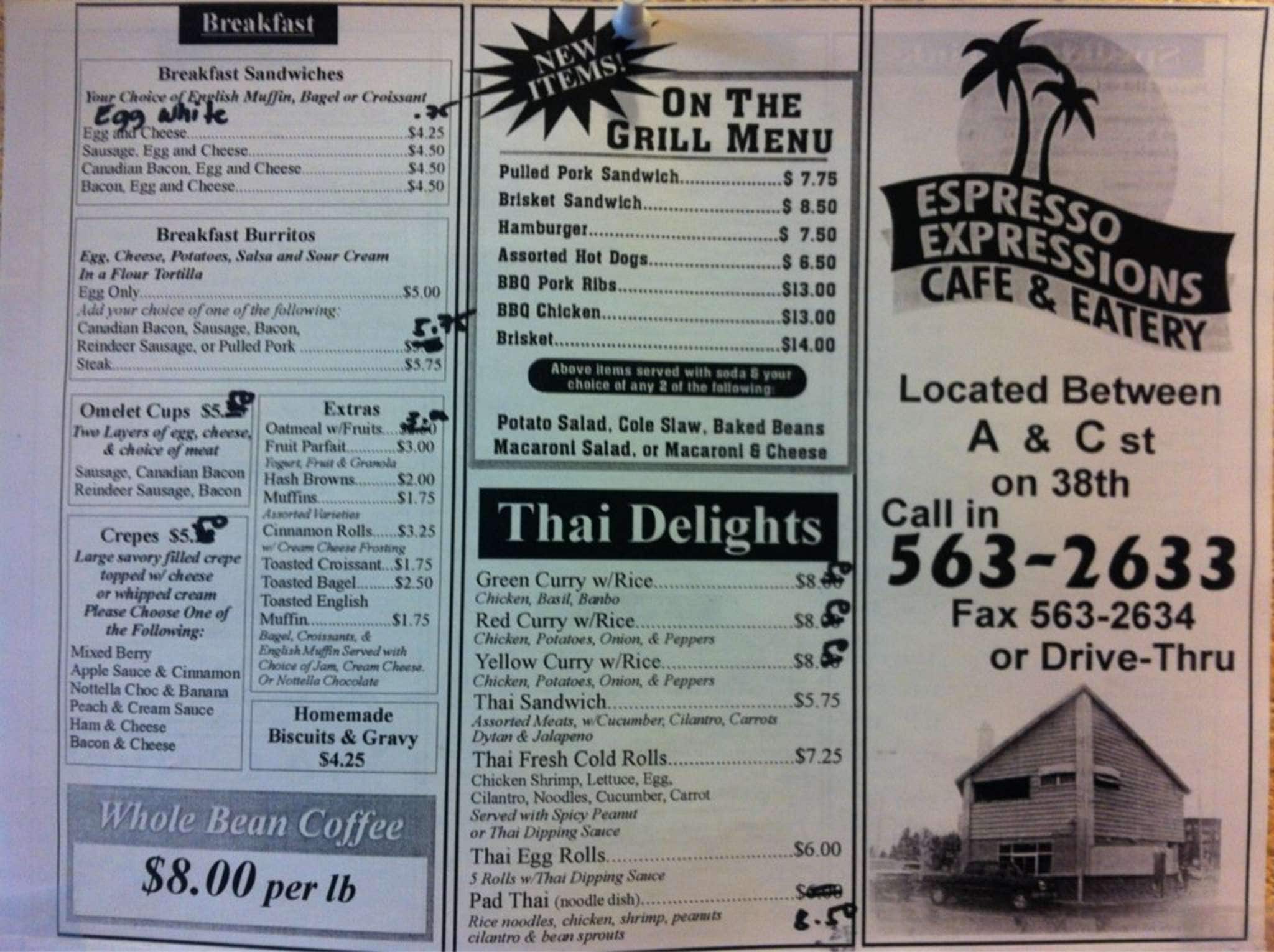 Menu at Espresso Expressions cafe, Anchorage