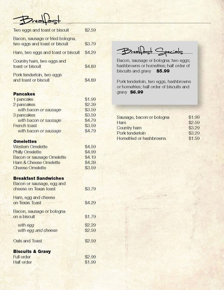 Menu at Charlie's Restaurant, Olive Hill